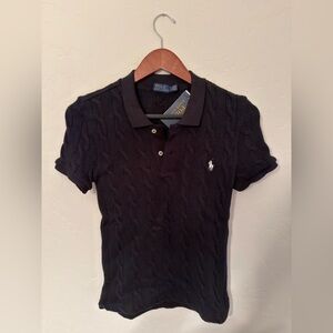 Polo Ralph Lauren Black Cable Knit Polo Sweater - Medium